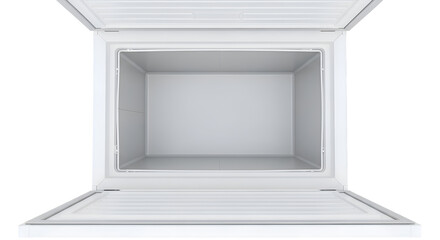Fototapeta premium Open Empty White Freezer Shows Interior, Ready to Store Frozen Food Items, Clean Design