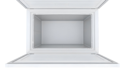 Open Empty White Freezer Shows Interior, Ready to Store Frozen Food Items, Clean Design