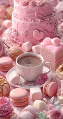 Pink Dessert Table Coffee with Cake and Macarons