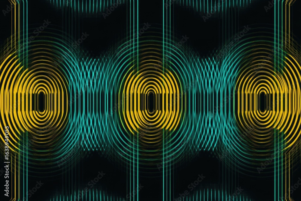 Poster abstract artwork featuring concentric circles in teal and gold, overlaid with vertical lines creatin