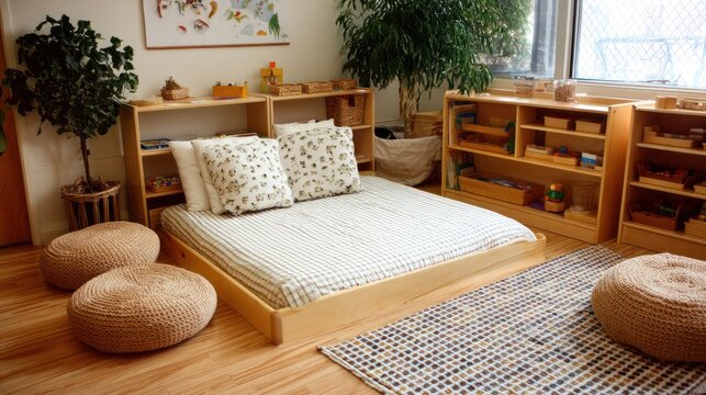 Fototapeta A cozy, minimalist bedroom with wooden furniture, plants, and a rug.