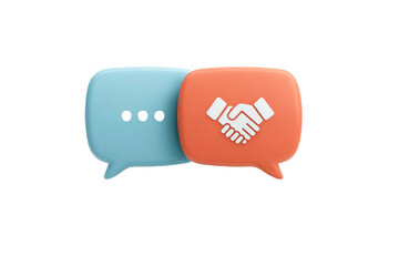Fototapeta premium Two speech bubbles, one blue with ellipses and one orange featuring a handshake icon, representing communication and collaboration.