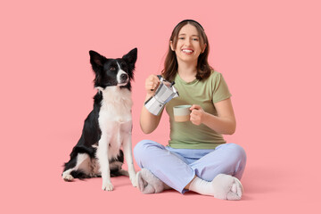 Beautiful young woman and cute Border Collie dog with sleep mask and geyser coffee maker sitting on...