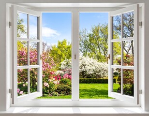 Spring garden view through a window