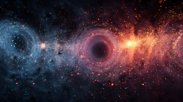 Planetary alignment in surreal abstract space with glowing particles and stardust