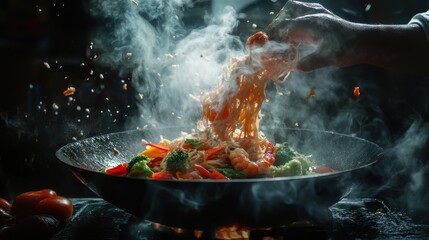 A chef preparing Pad Thai in a traditional Thai kitchen on blurred background