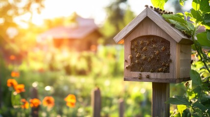 Wooden Bee House with Bees in Garden