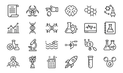 24 Science and Laboratory Line Icons DNA, Chemistry, Biology, Physics, Research, Experiment, and Medical Vector Icon Set for Scientists, Teachers, and STEM Projects
