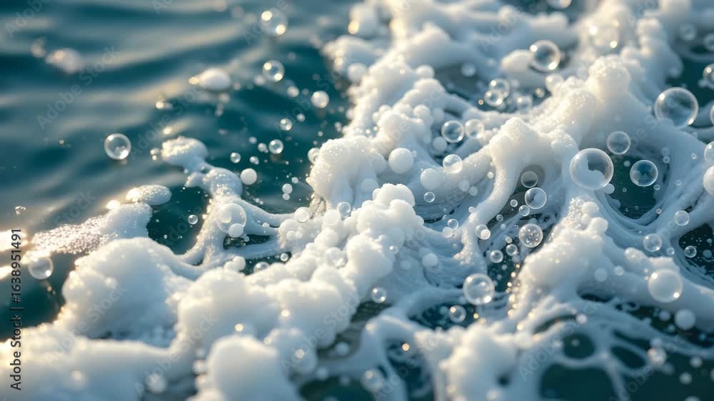 Poster oceanic foam and bubbles: a close-up of a churning wave's crest reveals the intricate dance of foam 