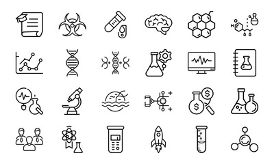 24 Science and Laboratory Line Icons DNA, Chemistry, Biology, Physics, Research, Experiment, and Medical Vector Icon Set for Scientists, Teachers, and STEM Projects