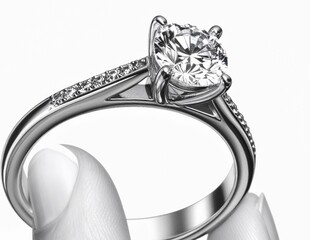 An elegant silver ring with a single large center diamond, held by the finger. A classic design that emphasizes luxury and elegance.
