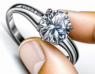 An elegant silver ring with a single large center diamond, held by the finger. A classic design that emphasizes luxury and elegance.
