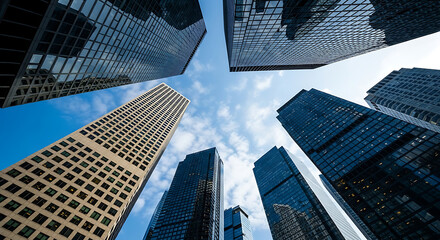 Upward view of futuristic skyscrapers in a modern city financial district, representing business ambition and future progress.