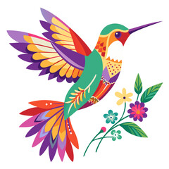 Obraz premium Colorful Hummingbird Vector – Flying Exotic Bird with Floral Elements, Flat Style Isolated Illustration
