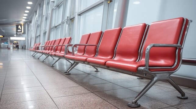 Empty red leather chairs in a modern airport terminal.