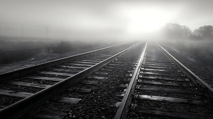 Fog-shrouded railway tracks stretching into the distance.