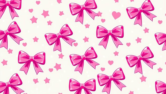 Seamless pink preppy pattern with bows, ribbons, stars, and polka dots Perfect for Valentine's Day or birthdays, vintage, design