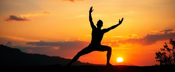 Silhouette of a yogi in warrior pose at sunset,  art,  healthy lifestyle