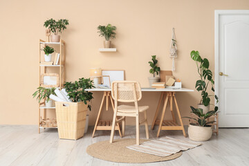 Interior of stylish office with comfortable workspace, books, modern laptop and houseplants