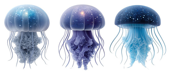 Three ethereal jellyfish illuminated with cosmic patterns, floating in a serene underwater scene