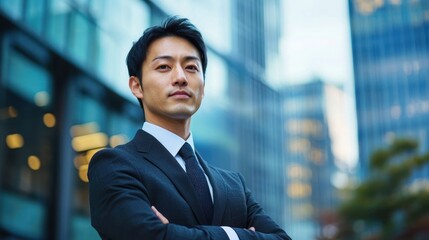 A businessman standing in front of a modern office building.