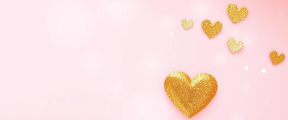 Fototapeta premium Soft pink background with glittering gold hearts, radiating warmth and joy, soft, sparkle