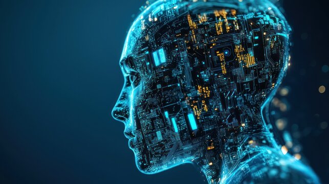 A futuristic, digital human head with glowing, circuit-like patterns and a blue, glowing background.