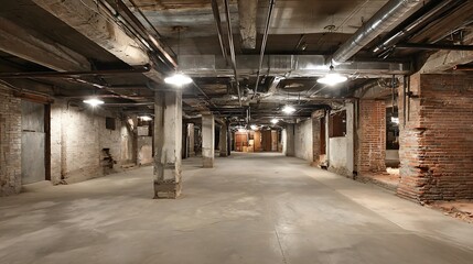 Exploring an Empty Basement Interior with Concrete Floor