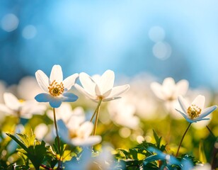Fototapeta premium Sunlit white wildflowers in a vibrant green field, shallow depth of field