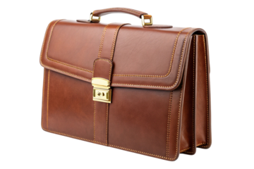 Classic brown leather briefcase with gold clasp isolated on transparent background
