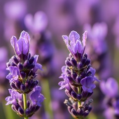 Close-up captures the serene beauty of two lavender blooms with dewdrops highlighting its elegance.