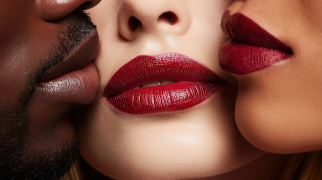 two white lesbian girls and a black man kissing. Kissing lips close-up. Passion and temptation. Orgy and threesome sex