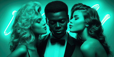 Two beautiful white women kissing a black man. Passion and temptation