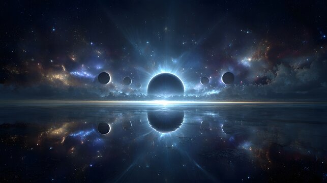 Planetary alignment across an interdimensional rift glowing with cosmic power