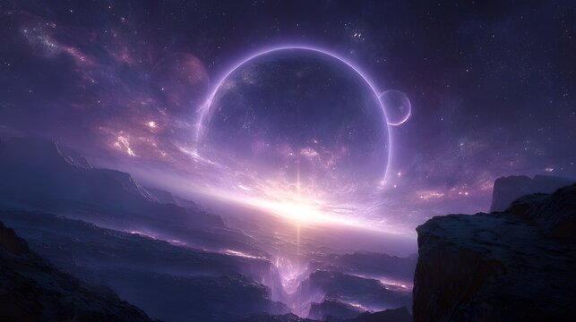 Planetary alignment across an interdimensional rift glowing with cosmic power