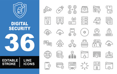 Digital security set of web icons in line style. Exclusive digital security linear icon collection. Containing camera, USB, cloud, password, file, database, firewall and more. Editable stroke. vector