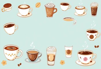 Whimsical hand-drawn coffee & tea cups, various styles, hot chocolate, cappuccino, espresso, latte, americano ,   sketch,  illustration