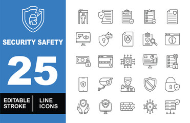 Security safety set of web icons in line style. Exclusive security safety linear icon collection. Containing gate, document, monitor, money, smartphone, firewall, server, audit, bug. Editable stroke