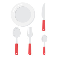 Dining Set with Red Handles &ndash; Plate, Spoon, Fork, and Knife in Flat Vector Illustration