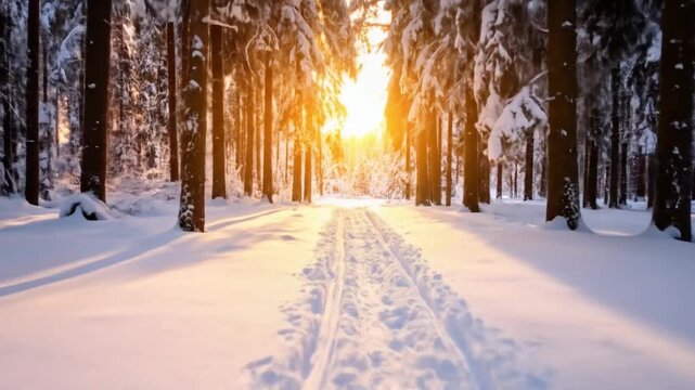 Cinematic glide along a snow-covered path through a serene winter forest, golden sunrise casting long shadows, gentle drifting snow, peaceful seasonal nature and travel stock video