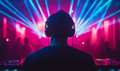 Fototapeta premium DJ with headphones playing music in a club, with laser lights creating an energetic atmosphere, Generative AI