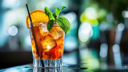 A glass of iced tea with orange slices and mint leaves on a dark table.