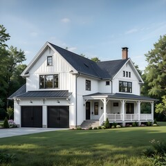 3D Render of a Modern Country Farmhouse with Driveway