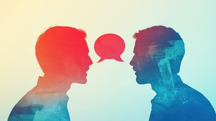 Two silhouetted figures with speech bubbles facing each other, against a gradient background.
