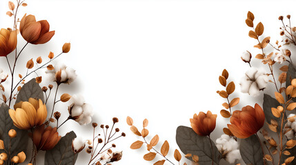 Elegant fall themed wedding invitation card with warm accents of autumn foliage, rich floral arrangements of gold and burgundy in a floating design