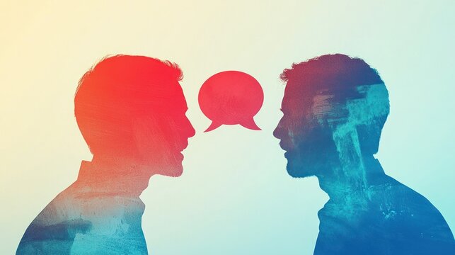 Two silhouetted figures with speech bubbles facing each other, against a gradient background.