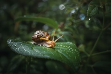 Close up of a snail on a wet green leaf after rain