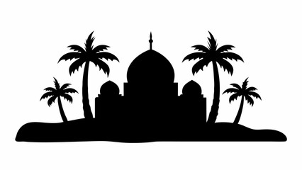 Silhouette of a mosque with palm trees on a tropical island landscape in black and white illustration art