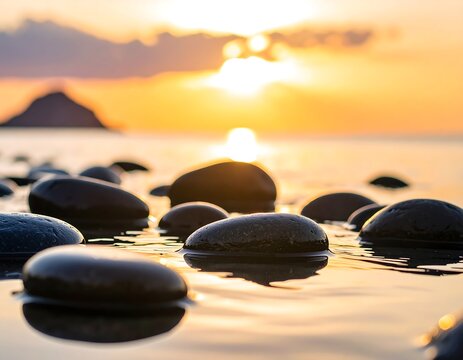 Smooth, dark stones rest in shallow, sunlit water at sunset