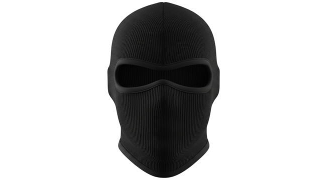 A black ribbed balaclava with eye holes stands out mysteriously and intensely.